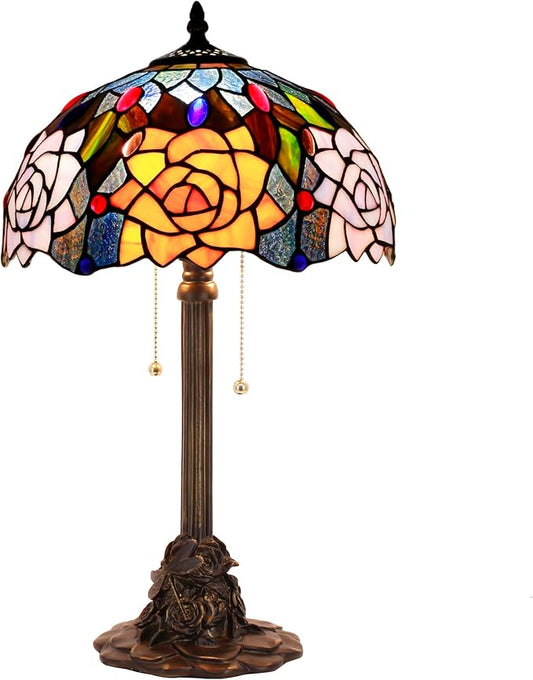 Tiffany Stained Glass Table Lamp 12X12X21Inch Resin Base Desk Bedroom Living Room Reading Light (Purple Orange Rose Flower)