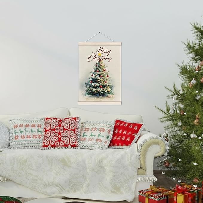 Merry Christmas Tree Poster Hanger with Wood Frame, Vintage Winter Christmas Wall Art Decor for Home, Rustic Retro Winter Xmas Tree Posters for Bedroom Living Room Decor, 12x16 Inch