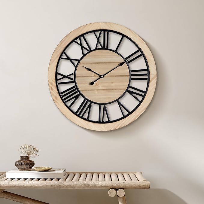 Maxstar 16'' Wall Clock for Living Room Decor, Ultra-Silent Rustic Wooden Farmhouse Wall Clock with Metal & Real Wood Frame, Battery Operated, for Kitchen Bedroom Office, Roman Numerals