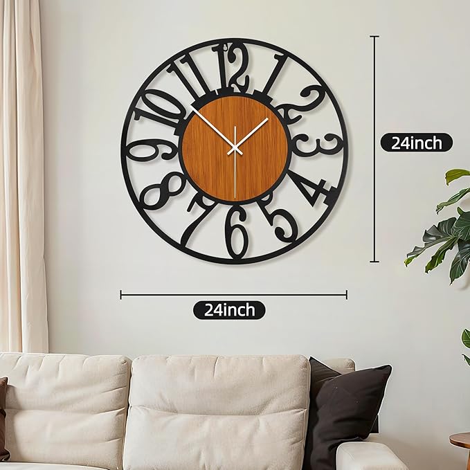 Maxstar Large Round Wall Clock for Living Room Decor Battery Operated Non Ticking Black Metal Wood Clocks for Home Living Room Garden Office Kitchen Decoration -24 inch