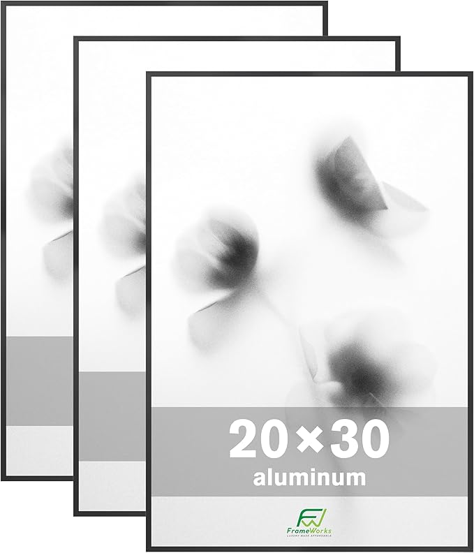 FrameWorks 20x30 Brushed Aluminum Poster Frames – Modern Brushed Metal Design w/Shatterproof Plexiglass, Perfect for Posters, Artwork, Paintings, Wall Displays – Home or Office Decor, Black - 3 Pack