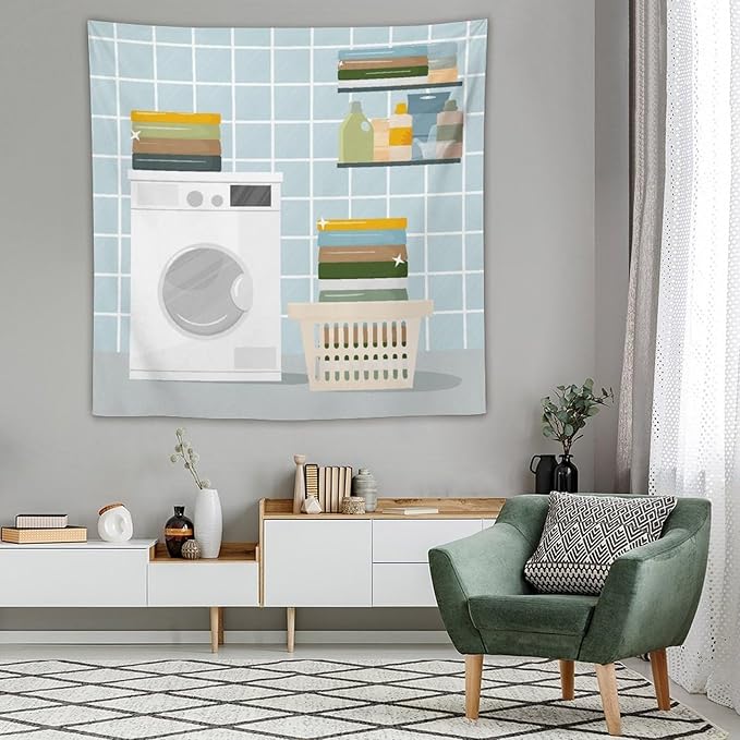 ZhiRain Laundry Room Tapestry Wall Hanging Wash Dry Sign Theme Printed Tapestries Home Decor for Living Room Bedroom Farmhouse Apartment Dorm 60"x60"