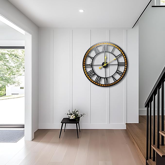 Silent Large Wall Clock,24 inch Modern Metal Black with Solid Wood Frame - Battery Operated Non-Ticking Clock for Living Room/Bedroom/Kitchen/Office