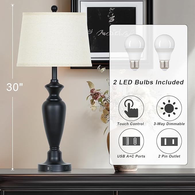 30" Tall Table Lamps Set of 2, Touch Control Bedside Lamp with USB A+C Ports and AC Outlet, 3-Way Dimmable Modern Metal Nightstand Lamp for Bedroom Living Room, 2 LED Bulbs Included, Black