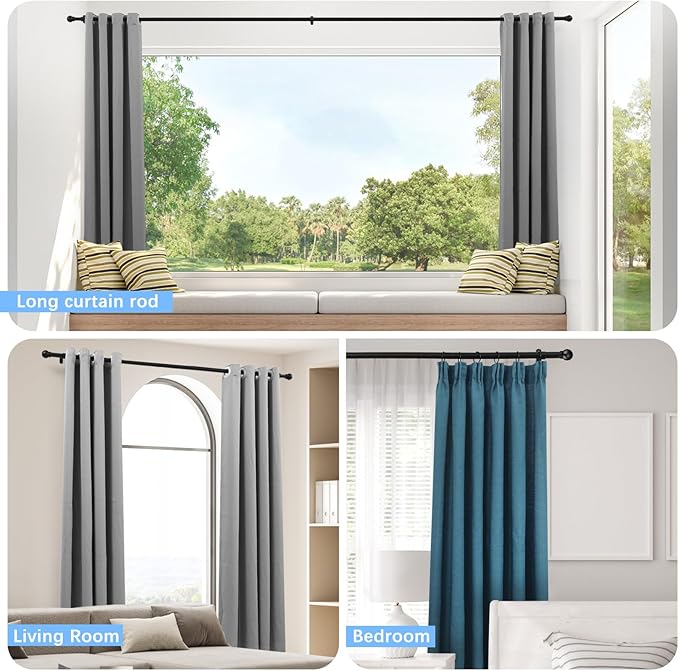 Curtain Rods for Windows 16 to 92 Inches, Curtain Rod Max Adjustable Length of 104 IN, 1" Diameter Drapery Rods Round Finials, Black, Pack of 2