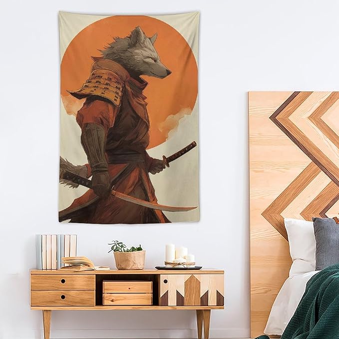 JYOUQOC Wolf Samurai Tapestry Wall Decor Large Wall Art Backdrop Flag Hanging for Bedroom Living Room Dorm Office 40"×60"