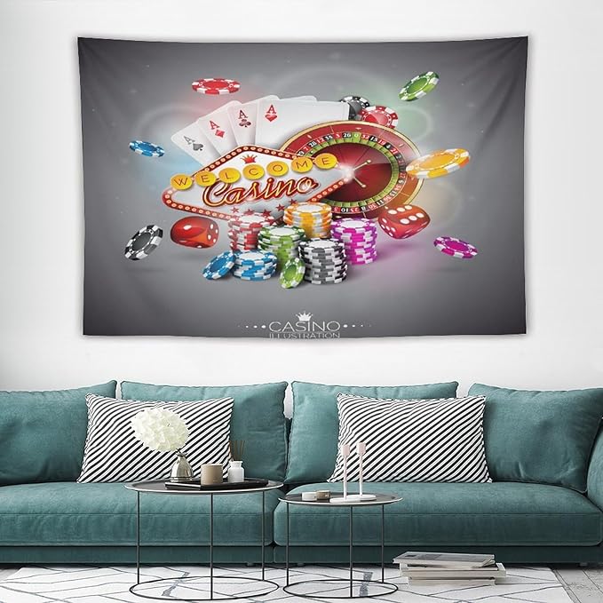 Poker Tournament Tapestry Wall Hanging Casino Colorful Chips And Cards Dice And Roulette Tapestries Home Decor for Living Room Bedroom Farmhouse Apartment Dorm 60"x90"