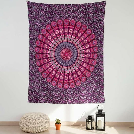 kaarigarh Handicrafts - Bohemian Mandala Tapestry Wall Hanging – Large Turquoise Ombre Indian Cotton Wall Art for Bedroom, Living Room, Dorm Decor & Meditation Space(Pink,90X108)