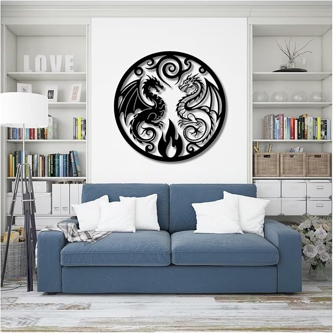 Dragon Of Metal Wall Sculpture,Yin Yang Decor Abstract Wall Art,Man Cave Decorative,Wall Hangings For Bathroom Living Room Garden Outdoor Farmhouse(Silver,70x69cm/28x27in)