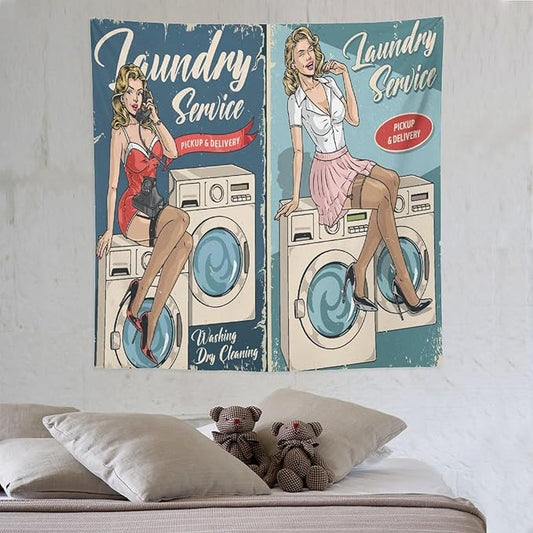 ZhiRain Laundry Service Tapestry Wall Hanging Vintage Laundry Room Poster Tapestries Home Decor for Living Room Bedroom Farmhouse Apartment Dorm 60"x60"