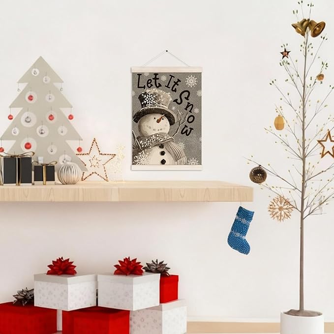 Let It Snow Christmas Snowman Poster Hanger with Wood Frame, Winter Christmas Wall Art Decor for Home, Winter Xmas Snowman Holiday Posters for Bedroom Living Room Decor, 12x16 Inch