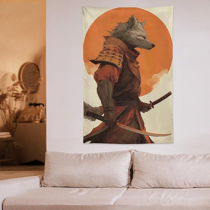 JYOUQOC Wolf Samurai Tapestry Wall Decor Large Wall Art Backdrop Flag Hanging for Bedroom Living Room Dorm Office 40"×60"