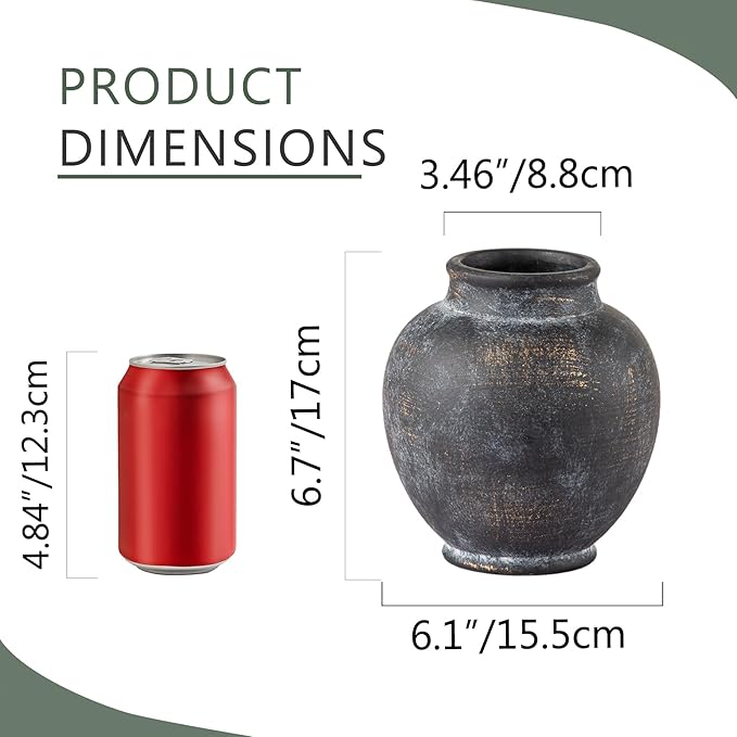 Ceramic Flower Vase, 6.7 Inch Rustic Farmhouse Decorative Vase Pottery Pampas Grass Vases for Home Decor Table Living Room Entryway Mantel Bookshelf Bedroom Bathroom Kitchen - Black