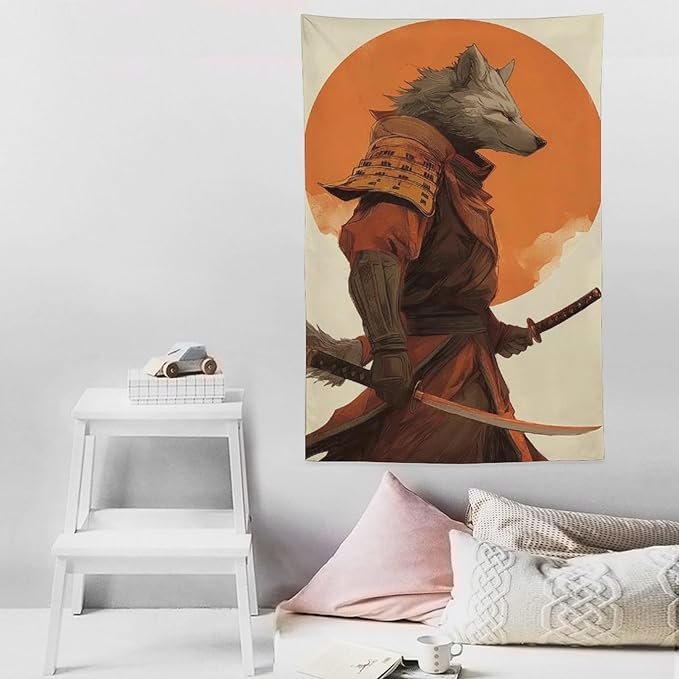JYOUQOC Wolf Samurai Tapestry Large Wall Art Decor Wall Hanging Flag Backdrop for Living Room Dorm Office Bedroom 60"×90"