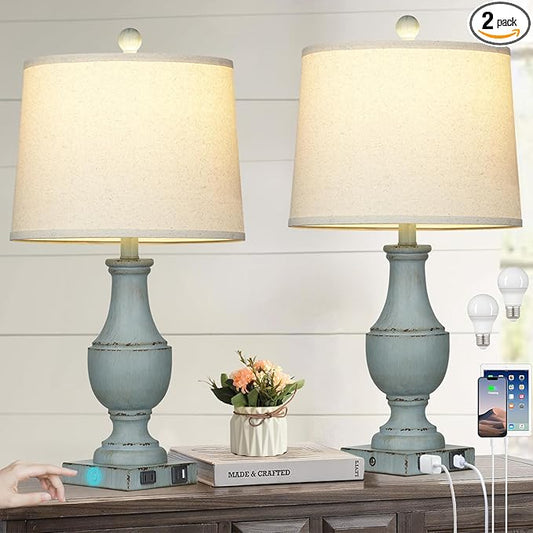 Farmhouse Table Lamps, Rustic 26" Touch Control Bedside Lamps with USB A+C Charging Ports & AC Outlet, Vintage 3-Way Dimmable Traditional Classic Nightstand Lamp for Living Room Bedroom Office Decor