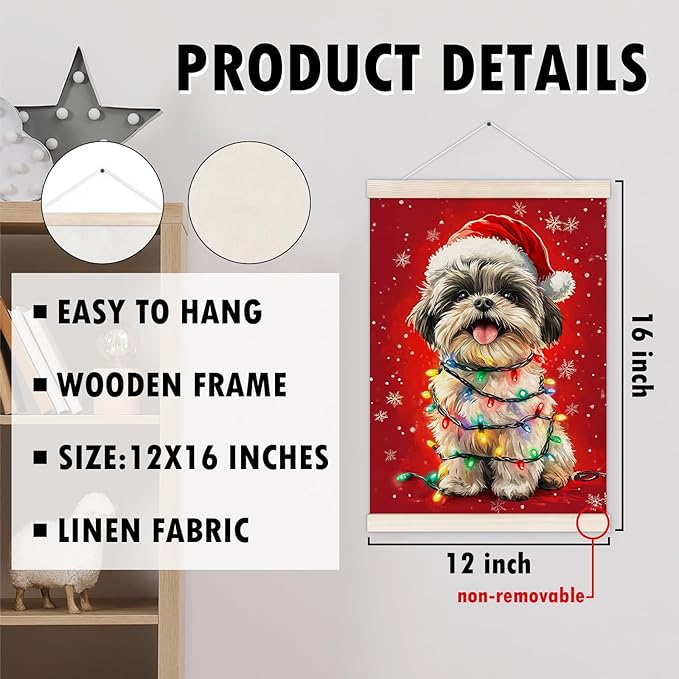 Funny Christmas Shih Tzu Poster Hanger with Wood Frame, Christmas Dog Wall Art Decor for Home, Shih Tzu Gift for Women, Xmas Shihtzu Posters for Bedroom Living Room Decor, 12x16 Inch