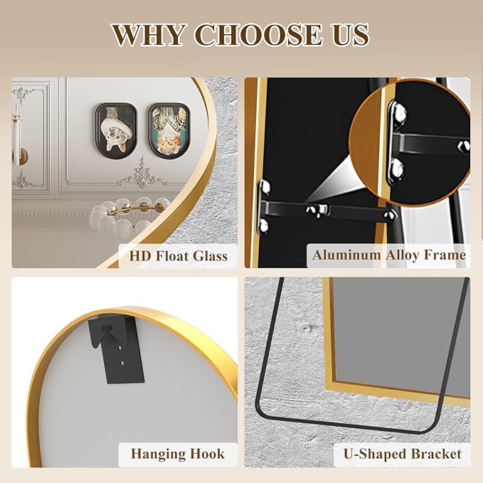 64"x21" Full Length Mirror with Stand, Shatterproof Arched Floor Mirror, Aluminum Alloy Thin Frame - Freestanding/Leaning/Wall Mount for Bedroom, Living Room & Entryway (Gold)