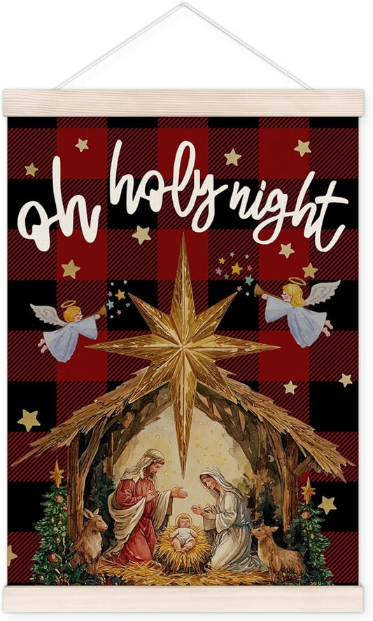 Christian Christmas Nativity Poster Hanger with Wood Frame, Christian Christmas Wall Art Decor for Home, Religious Jesus Nativity Buffalo Plaid Posters for Church Bedroom Decor, 12x16 Inch