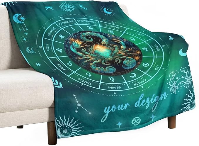 Custom Cancer Blanket Gifts, 40" x 30" Rectangular Flannel Zodiac Throw Blanket Cozy, Personalized Gift for Boys Girls Teen Women Men Tarot Cards Lovers Birthday Anniversary Festival