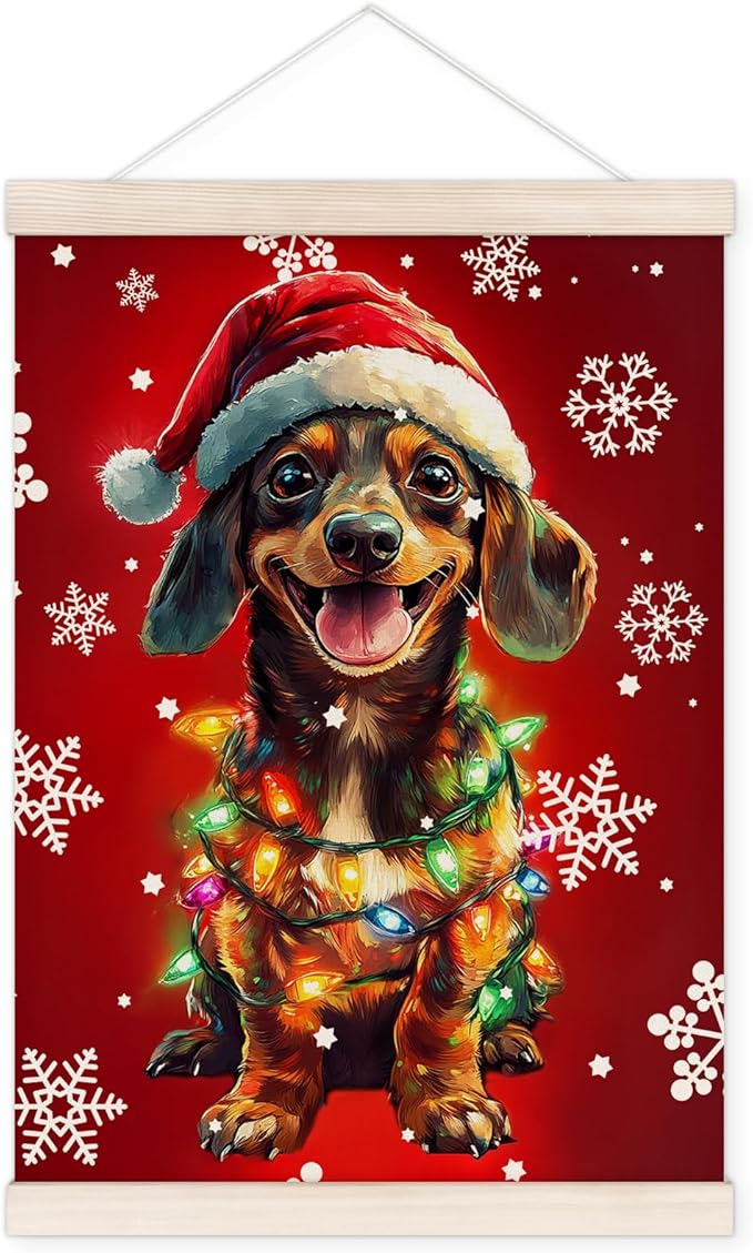 Funny Christmas Dachshund Poster Hanger with Wood Frame, Christmas Weiner Dog Wall Art Decor for Home, Dachshund Gifts for Women Men, Xmas Dog Posters for Bedroom Living Room Decor, 12x16 Inch