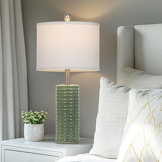 24.5" Green Ceramic Table Lamps Set of 2, Farmhouse Table Lamps for Living Room, Modern Lamps for Bedroom Night Stands, Traditional Nightstand Desk Lamps(LED Bulbs Included)