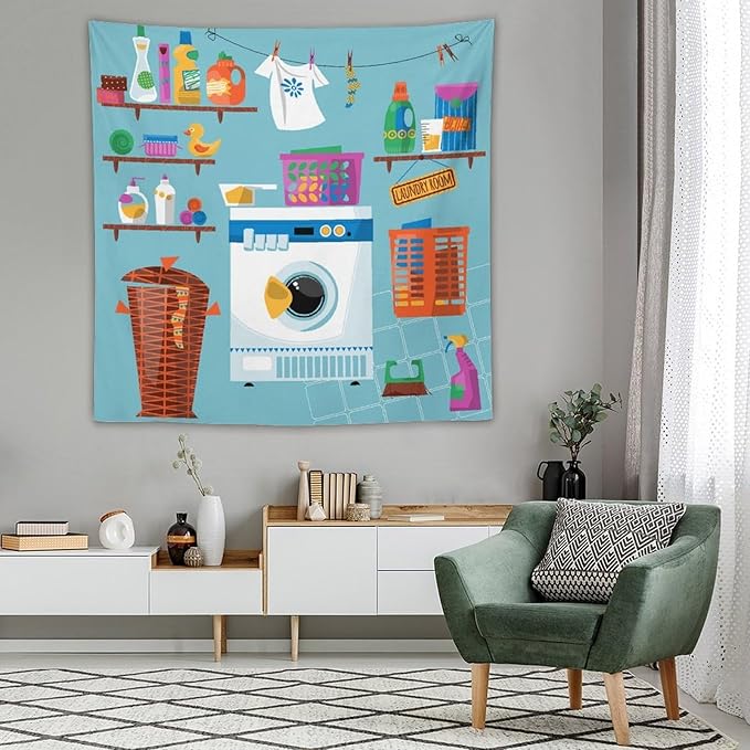 ZhiRain Laundry Room Tapestry Wall Hanging Wash Dry Fold Repeat Theme Print Tapestries Home Decor for Living Room Bedroom Farmhouse Apartment Dorm 60"x60"