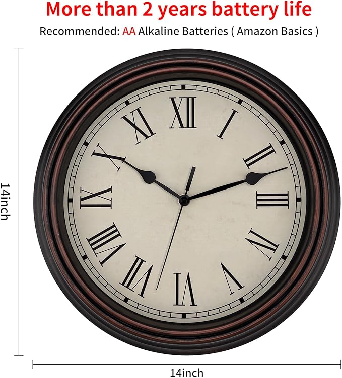 Foxtop 14 Inch Roman Numerals Wall Clock Battery Operated Silent Non-Ticking Round Classic Vintage Retro Wall Clock Decorative for Living Room Kitchen Home Office (Bronze)