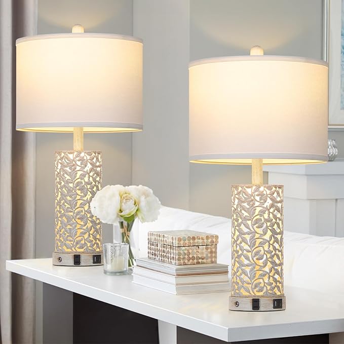 Morden Farmhouse Table Lamps Set of 2, Touch Control Bedside lamp with 2 USB Ports & AC Outlet,Vintage Nightstand Lamp with Nightlight for Bedroom Living Room Entryway,White