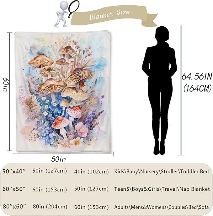 Watercolor Mushroom Blanket - Soft, Cozy, Lightweight Flannel Throw Blankets for Couch, Bed, Travel, Fluffy Decor Perfect for Outdoor Use and Home Decor, for Adults Women Boys Girls 60×50 in