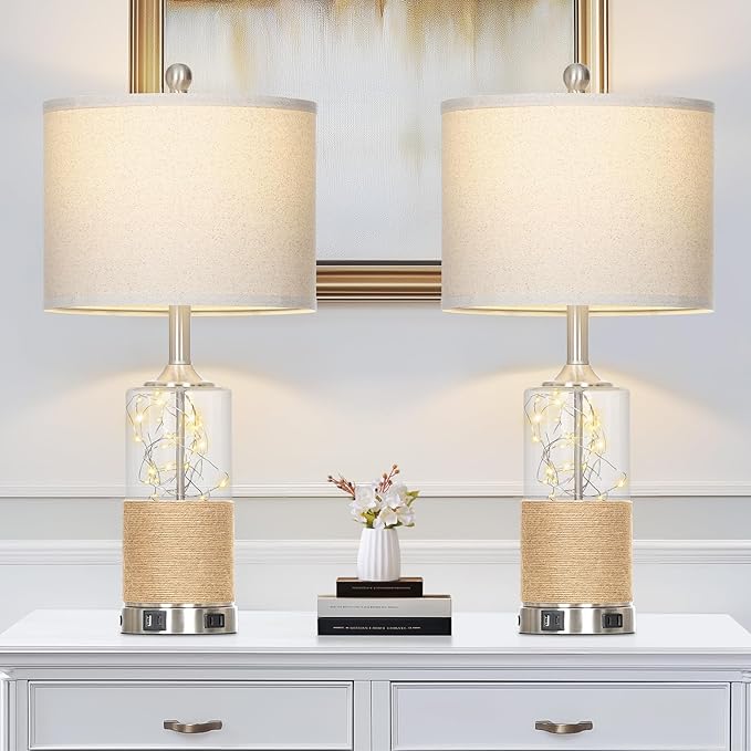 25" Boho Table Lamps Set of 2, Coastal Glass Bedside Lamps with USB A+C Ports and AC Outlet, Rattan Lamp with Night Light for Nightstand Living Room Bedroom, 2 LED Bulbs Included, Silver
