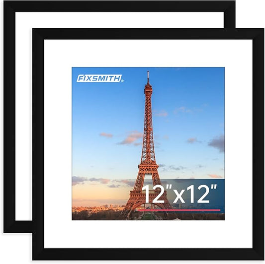 FIXSMITH 12x12 Picture Frame Set of 2, Photo Frame with HD Plexiglass, Display Pictures 8x8 with Mat or 12x12 Without Mat, Black Picture Frames Collage Wall Decor, Gallary Wall Frame