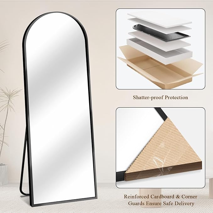 64"x21" Full Length Mirror with Stand, Shatterproof Arched Floor Mirror, Aluminum Alloy Thin Frame - Freestanding/Leaning/Wall Mount for Bedroom, Living Room & Entryway (Black)