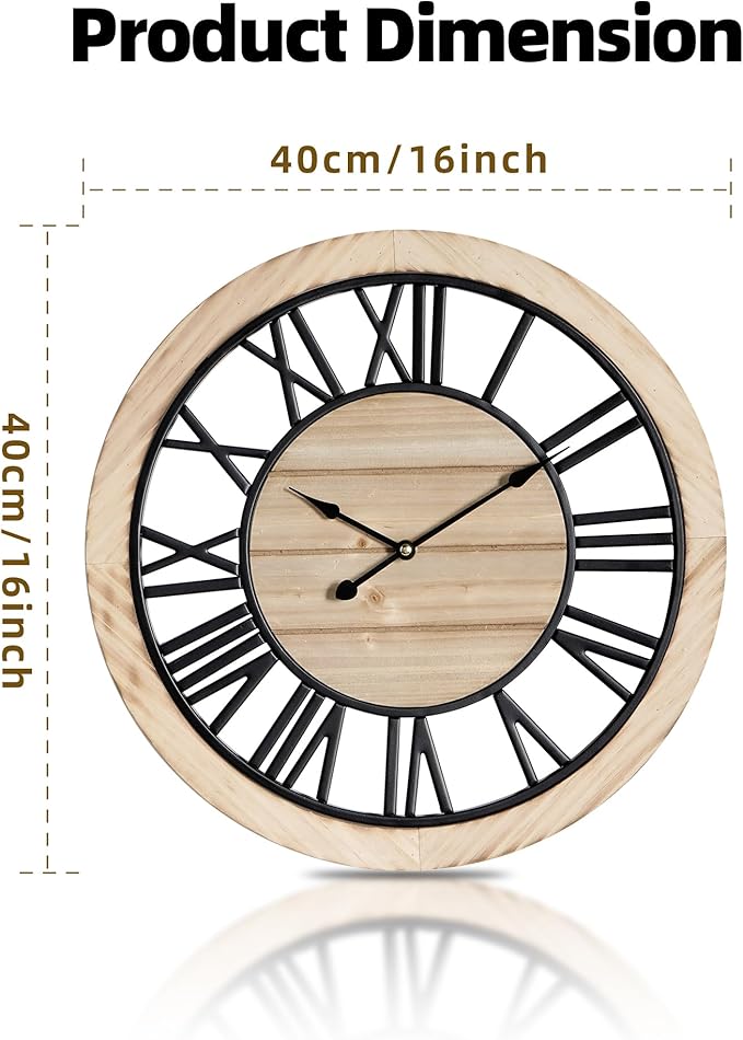 Maxstar 16'' Wall Clock for Living Room Decor, Ultra-Silent Rustic Wooden Farmhouse Wall Clock with Metal & Real Wood Frame, Battery Operated, for Kitchen Bedroom Office, Roman Numerals