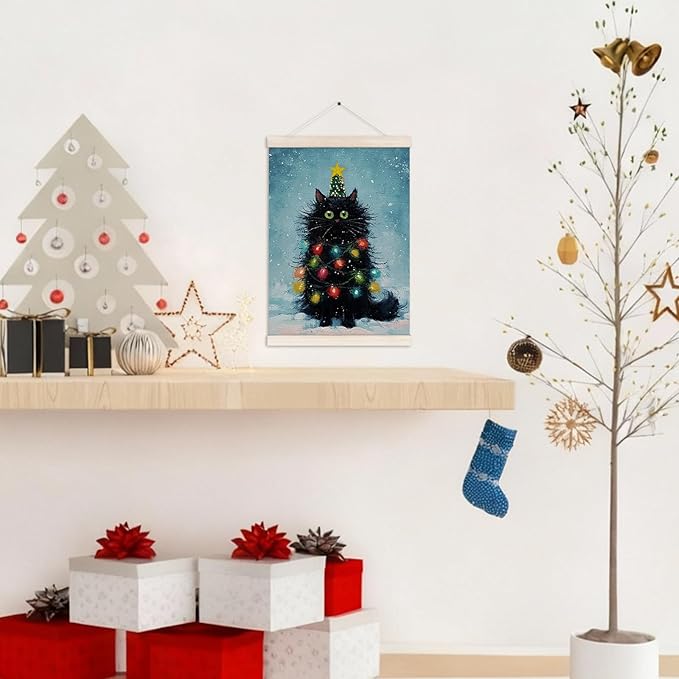 Black Cat Christmas Poster Hanger with Wood Frame, Funny Christmas Winter Wall Art Decor for Home, Cute Black Cat Xmas Tree Holiday Posters for Bedroom Living Room Decor, 12x16 Inch