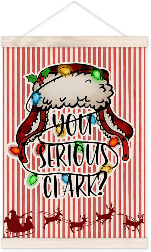 Funny Christmas Poster Hanger with Wood Frame, You Serious Clark Christmas Vacation Wall Art Decor for Home, Winter Xmas Holiday Red Striped Posters for Bedroom Living Room Decor, 12x16 Inch