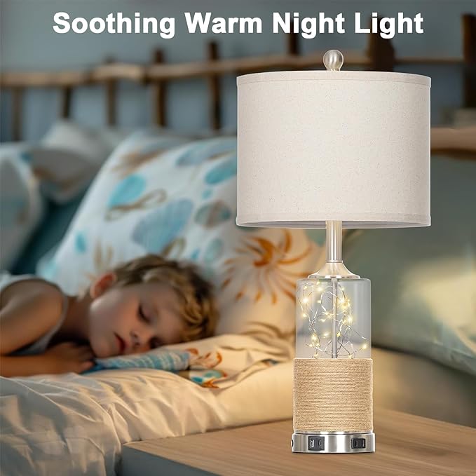 25" Boho Table Lamps Set of 2, Coastal Glass Bedside Lamps with USB A+C Ports and AC Outlet, Rattan Lamp with Night Light for Nightstand Living Room Bedroom, 2 LED Bulbs Included, Silver