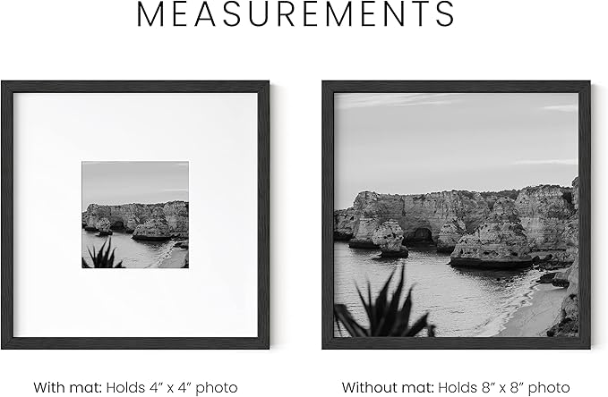 HAUS AND HUES Solid Oak Wood 8”x8” Picture Frames Matted to 4”x4” Set of 3 - Black Square Frames, 8x8 Black Photo Frames, Square Picture Frames, 8 x 8 Black Picture Frame Set (Black Frame)