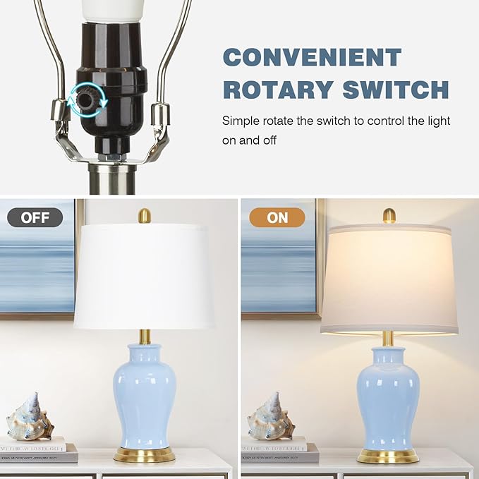 Blue Ceramic Table Lamps Set of 2, 23" Coastal Ceramic Lamps with Ginger Jar Design, Modern Bedside Lamp for Living Room End Table, Elegant Bedroom Lamp for Nightstand Desk Side Home Decor