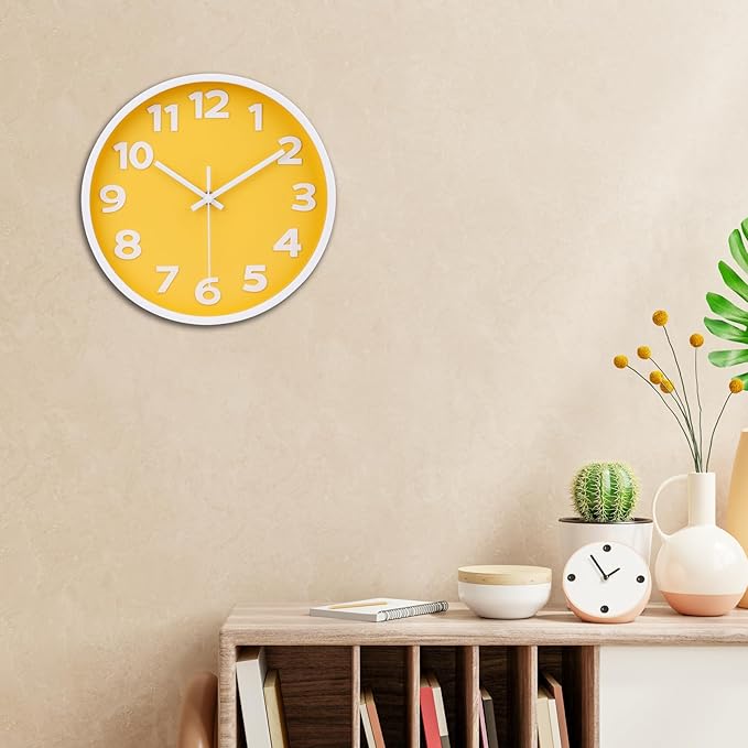 10 Inch Yellow Wall Clock with 3D Big Numbers, Modern Round Silent Non-Ticking Clock, Easy to Read for Kitchen & Office, Bright Housewarming Gifts for Home Decor