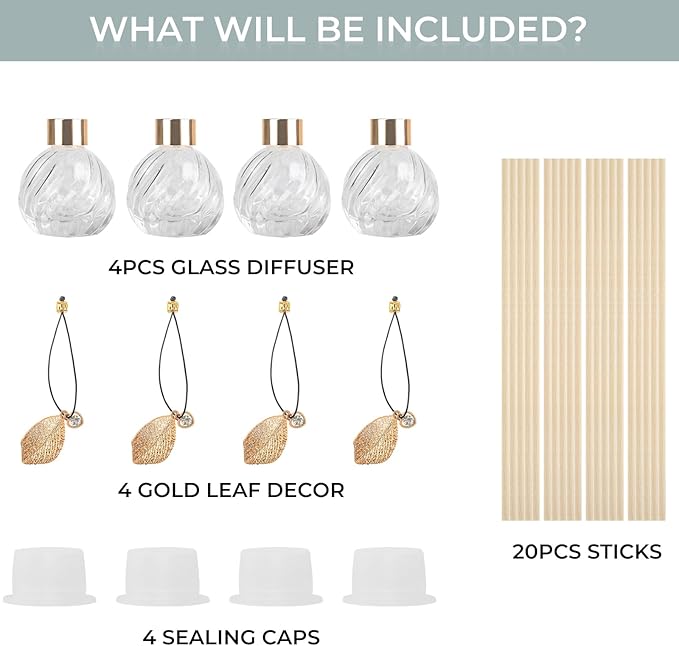 4Pcs Reed Diffuser Set with Metal Golden Decoration, 3.5oz Empty Reed Diffuser Bottles with 20Pcs Reed Diffuser Sticks, Unique Design Bottles for Home and Office(Twill)