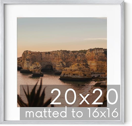 HAUS AND HUES 20x20 Silver Metal Picture Frame Matted to 16x16 - Premium Aluminum with Hanging Hardware, Shatterproof Plexiglass - Ideal for Home or Office (20x20 in, Silver, Set of 1)
