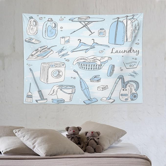 ZhiRain Laundry Room Tapestry Wall Hanging Blue Laundry Theme Tapestries Home Decor for Living Room Bedroom Farmhouse Apartment Dorm 30"x40"
