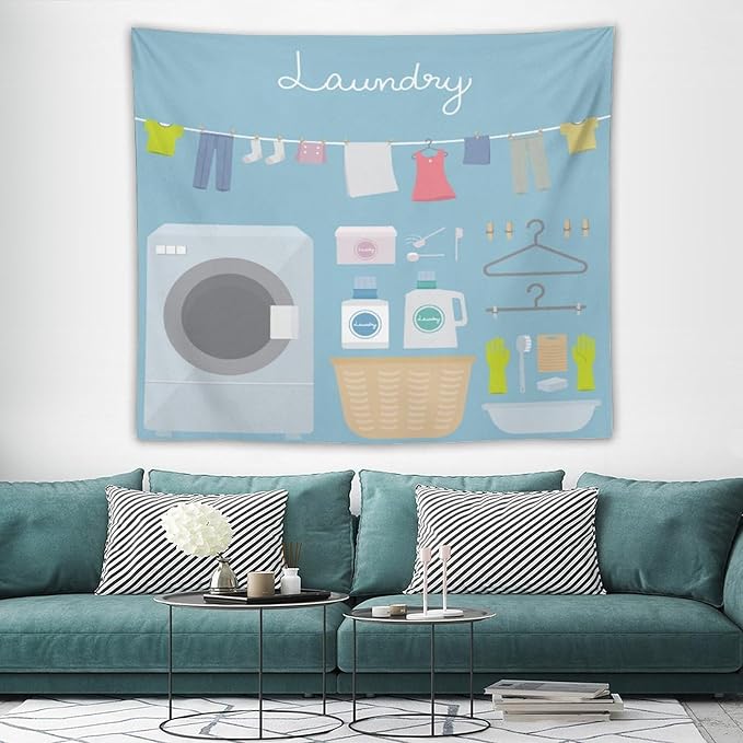 ZhiRain Laundry Room Tapestry Wall Hanging Blue Cartoon Wash Dry Fold Tapestries Home Decor for Living Room Bedroom Farmhouse Apartment Dorm 50"x60"
