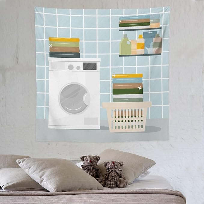 ZhiRain Laundry Room Tapestry Wall Hanging Wash Dry Sign Theme Printed Tapestries Home Decor for Living Room Bedroom Farmhouse Apartment Dorm 60"x60"