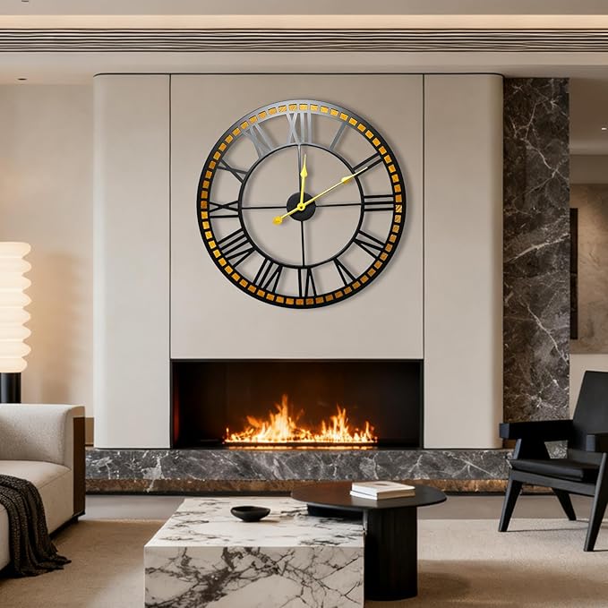 Silent Large Wall Clock,24 inch Modern Metal Black with Solid Wood Frame - Battery Operated Non-Ticking Clock for Living Room/Bedroom/Kitchen/Office