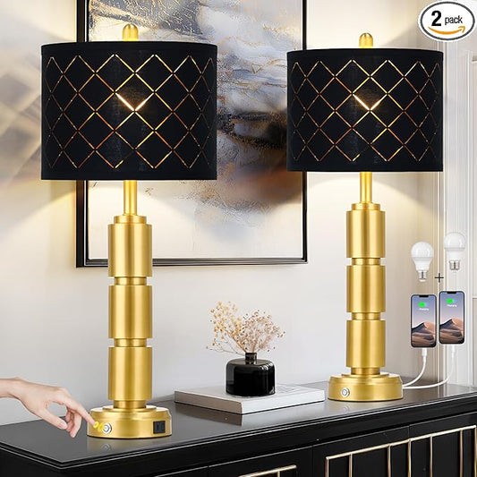 Set of 2 Modern Table Lamps for Living Room Bedroom,29" Tall Bedside Lamp with 2 USB Port,Gold Metal Touch Nightstand Lamp with Black Grid Shade for End Table Entryway,Gold