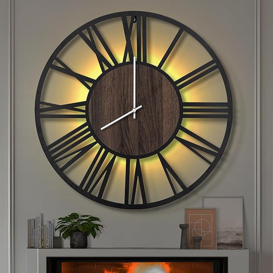 LEIKE Large LED Wall Clocks,Silent,Non Ticking,Battery Operated Rustic Round Modern Big Wood Wall Clock for Living Room, Bedroom,Kitchen,Farmhouse,Office,Home Decor -32" Black,LED,Roman Number