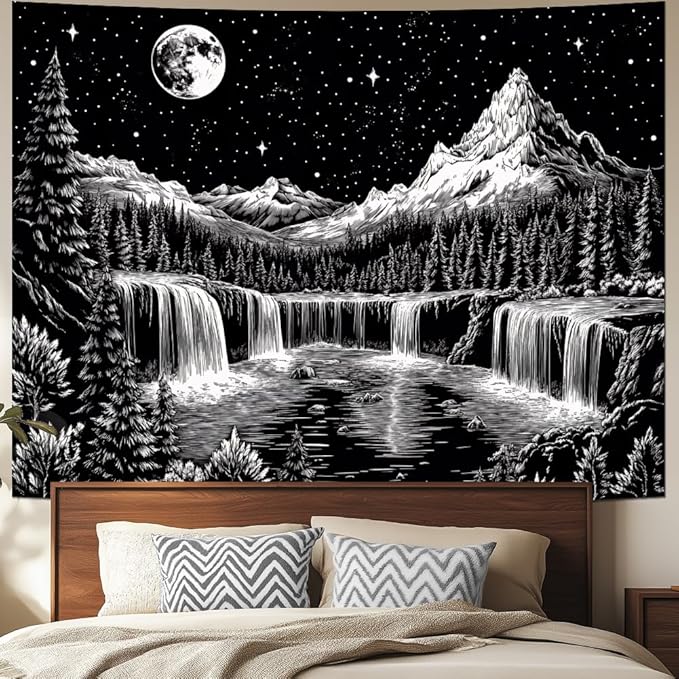Leofanger Black and White Tapestry Starry Night Mountain Tapestry Aesthetic Moon Wall Tapestries Galaxy Space Tapestries Wall Hanging for Home Decor(59.1"x78.7")