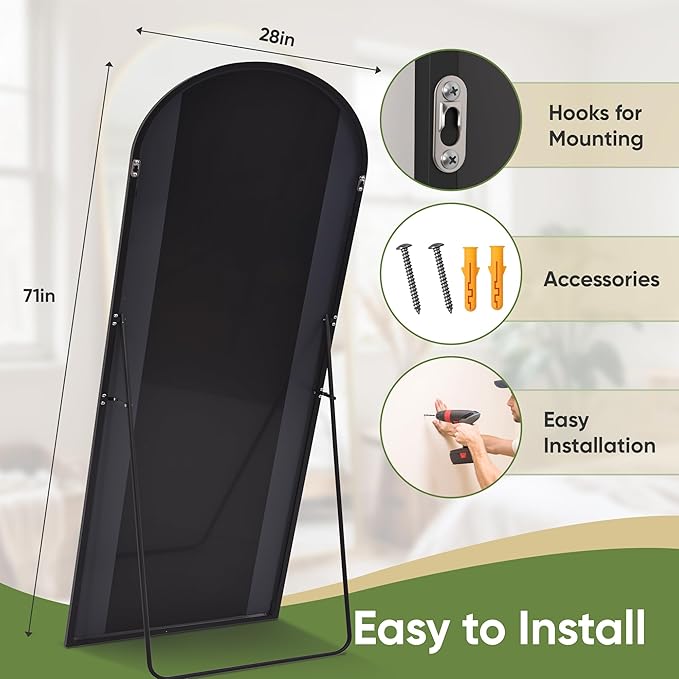 Full Length Mirror, 71"x28" Arched Full Body Mirror, Floor Mirrors with Stand, Body Mirrors Standing Hanging Leaning Against Wall,Aluminum Frame Mirrors for Bedroom Cloakroom,Living Room,Black