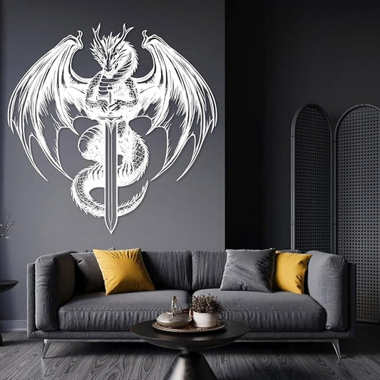 Eliauk Metal Dragon Wall Decor, Dragon With Sword Metal Wall Art, West Dragon Metal Wall Hanging, Unique Wall Decor, Mythology Wall Art, Modern Room Wall Art, Home Wall Decor (White, 24"x24"|60x60cm)